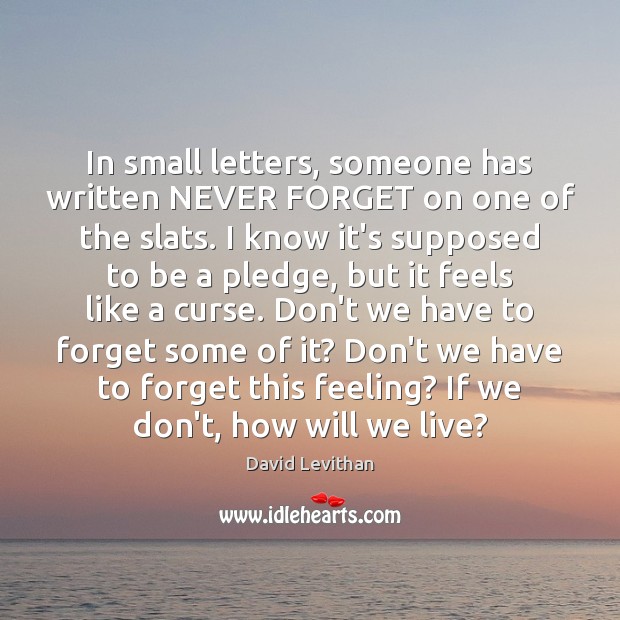 In small letters, someone has written NEVER FORGET on one of the David Levithan Picture Quote