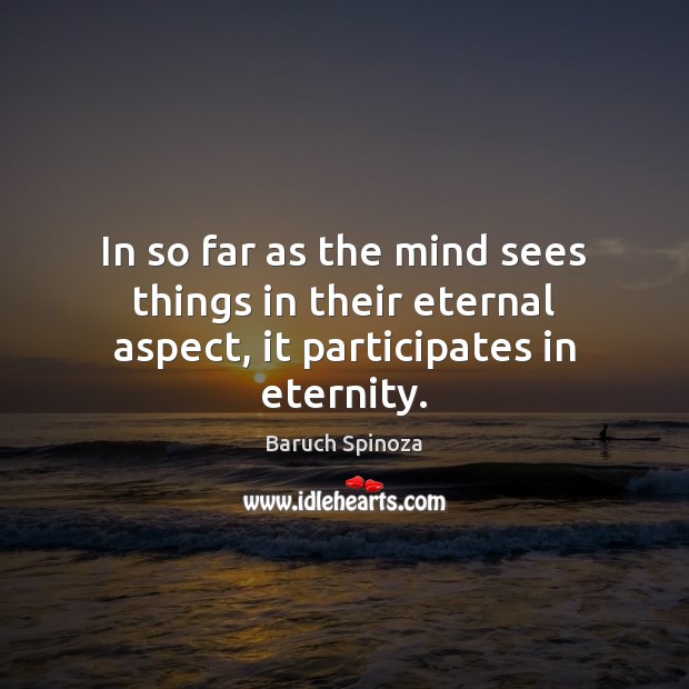 In so far as the mind sees things in their eternal aspect, it participates in eternity. Baruch Spinoza Picture Quote