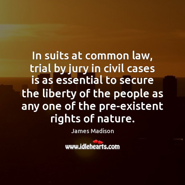 In suits at common law, trial by jury in civil cases is James Madison Picture Quote