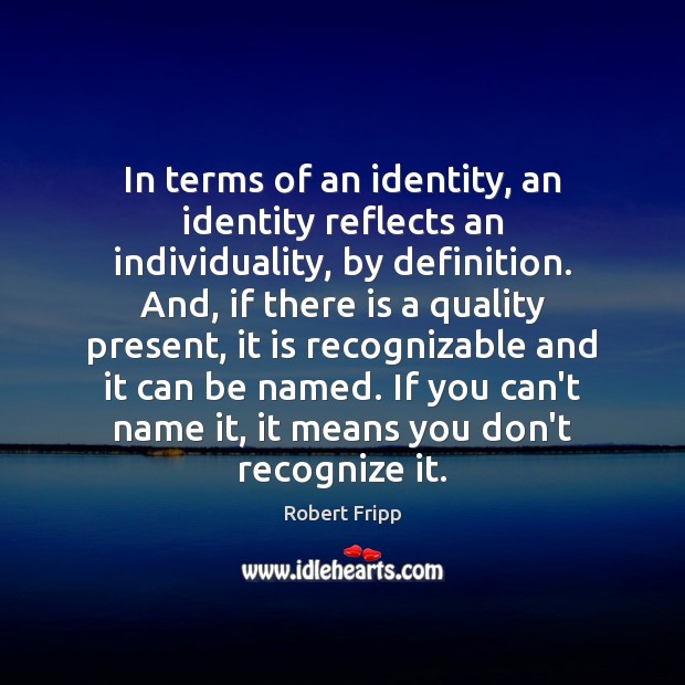 In terms of an identity, an identity reflects an individuality, by definition. Robert Fripp Picture Quote