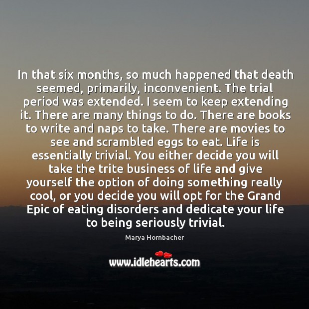 In that six months, so much happened that death seemed, primarily, inconvenient. Marya Hornbacher Picture Quote