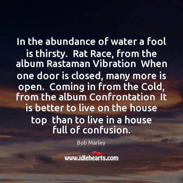 In the abundance of water a fool is thirsty.  Rat Race, from Bob Marley Picture Quote