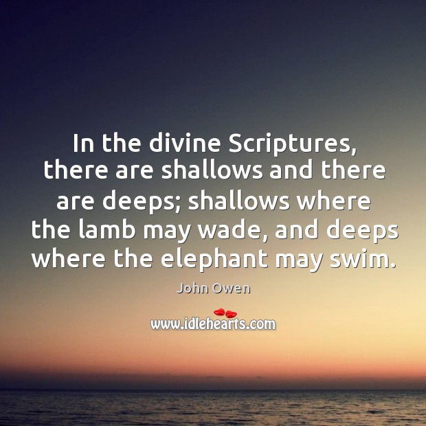 In the divine scriptures, there are shallows and there are deeps; shallows where the lamb may wade John Owen Picture Quote