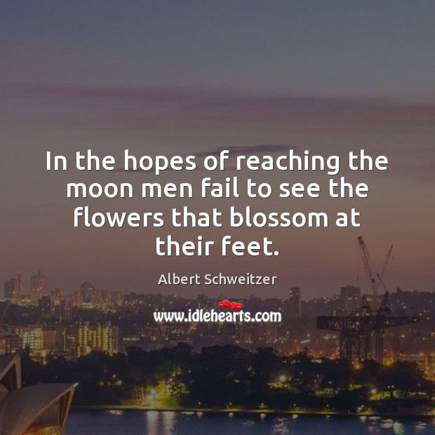 In the hopes of reaching the moon men fail to see the flowers that blossom at their feet. Albert Schweitzer Picture Quote