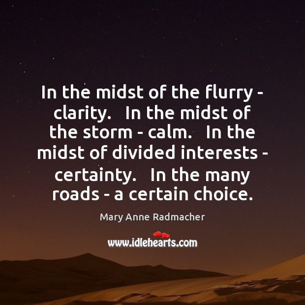 In the midst of the flurry – clarity.   In the midst of Mary Anne Radmacher Picture Quote