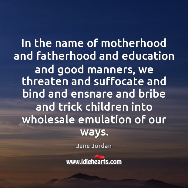 In the name of motherhood and fatherhood and education and good manners, June Jordan Picture Quote