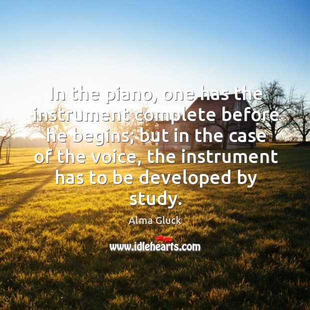 In the piano, one has the instrument complete before he begins; but in the case of the voice Alma Gluck Picture Quote
