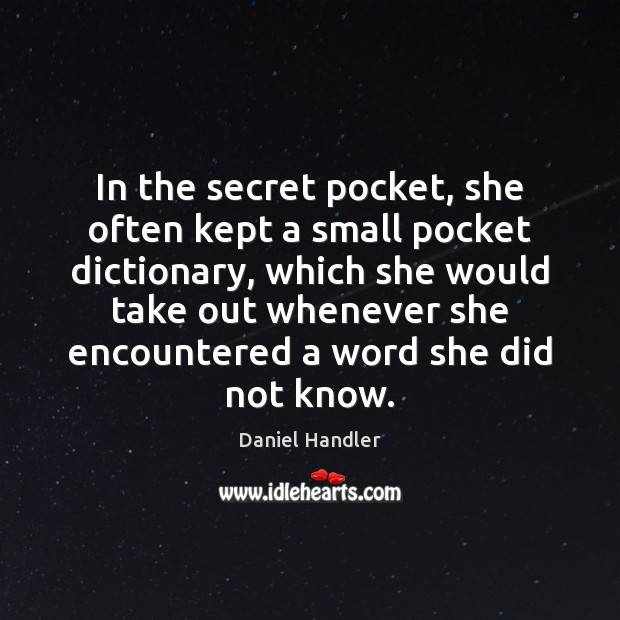 In the secret pocket, she often kept a small pocket dictionary, which Daniel Handler Picture Quote