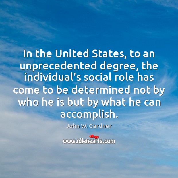 In the United States, to an unprecedented degree, the individual’s social role John W. Gardner Picture Quote