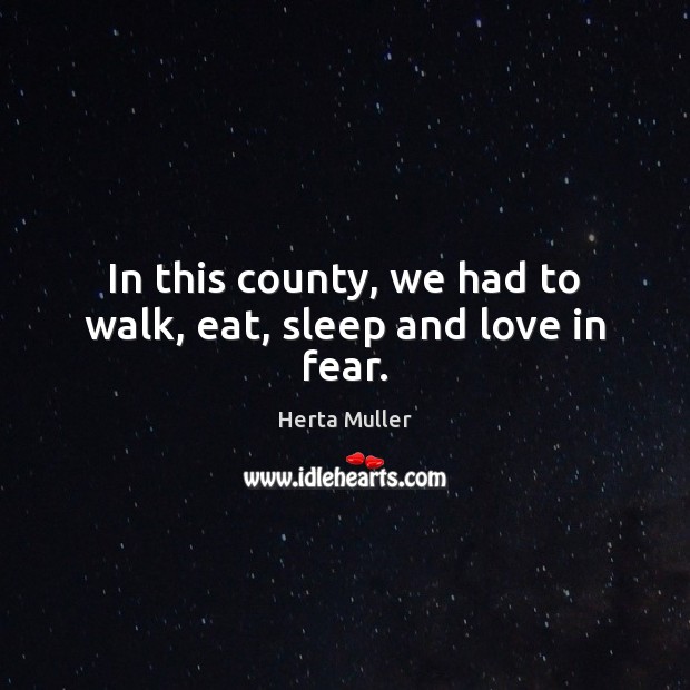 In this county, we had to walk, eat, sleep and love in fear. Herta Muller Picture Quote