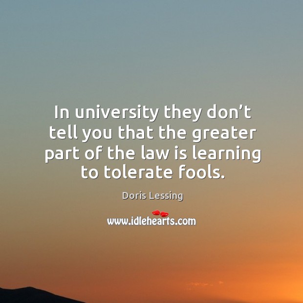 In university they don’t tell you that the greater part of the law is learning to tolerate fools. Doris Lessing Picture Quote