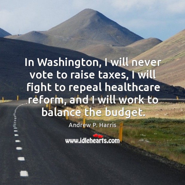 In washington, I will never vote to raise taxes, I will fight to repeal healthcare reform Image