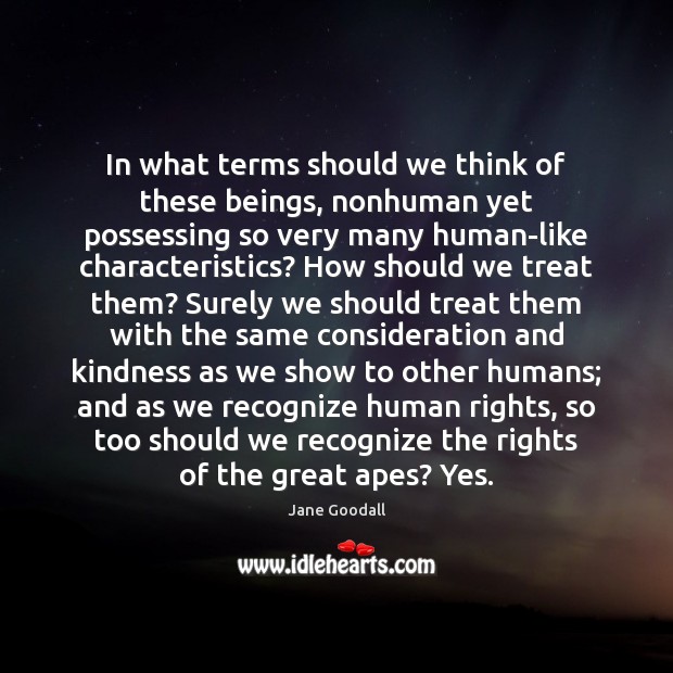 In what terms should we think of these beings, nonhuman yet possessing Jane Goodall Picture Quote