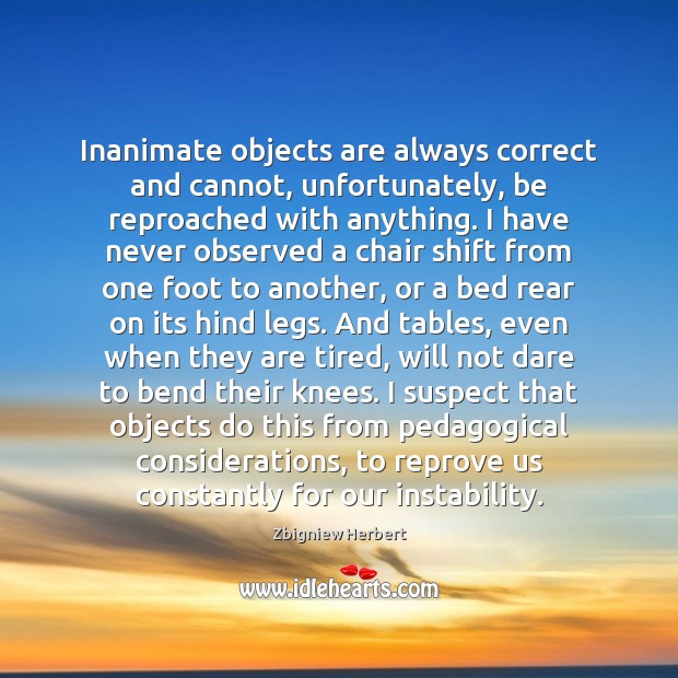 Inanimate objects are always correct and cannot, unfortunately, be reproached with anything. Zbigniew Herbert Picture Quote