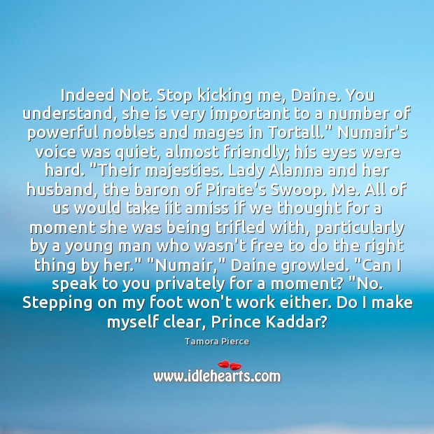 Indeed Not. Stop kicking me, Daine. You understand, she is very important Tamora Pierce Picture Quote