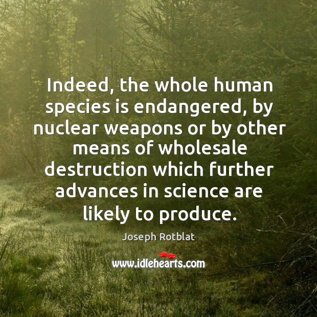 Indeed, the whole human species is endangered, by nuclear weapons or by other means of wholesale. Joseph Rotblat Picture Quote