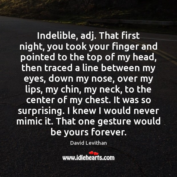 Indelible, adj. That first night, you took your finger and pointed to David Levithan Picture Quote