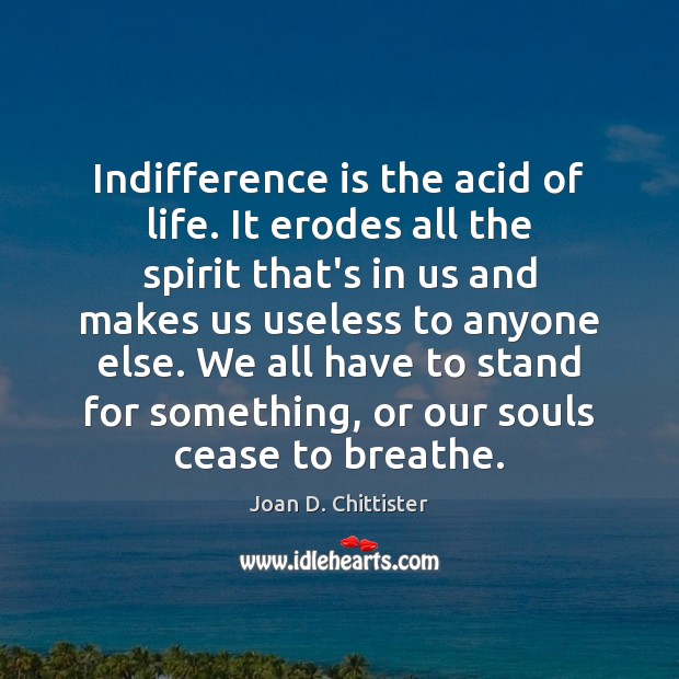 Indifference is the acid of life. It erodes all the spirit that’s Joan D. Chittister Picture Quote