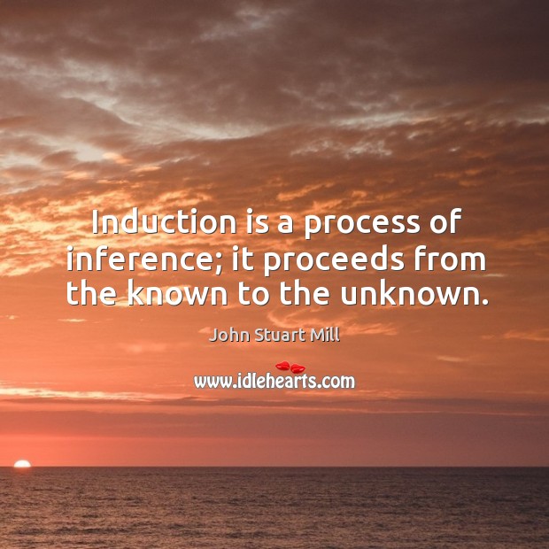Induction is a process of inference; it proceeds from the known to the unknown. John Stuart Mill Picture Quote