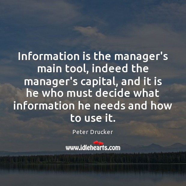 Information is the manager’s main tool, indeed the manager’s capital, and it Peter Drucker Picture Quote