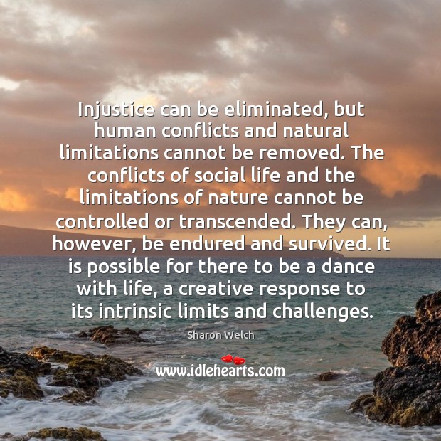 Injustice can be eliminated, but human conflicts and natural limitations cannot be removed. Sharon Welch Picture Quote