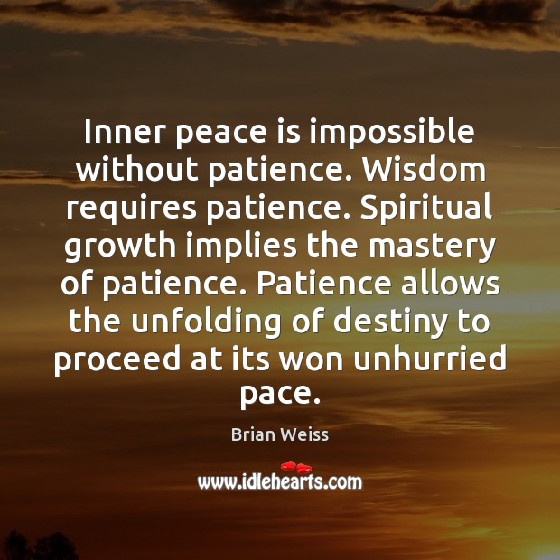 Inner peace is impossible without patience. Wisdom requires patience. Spiritual growth implies Brian Weiss Picture Quote