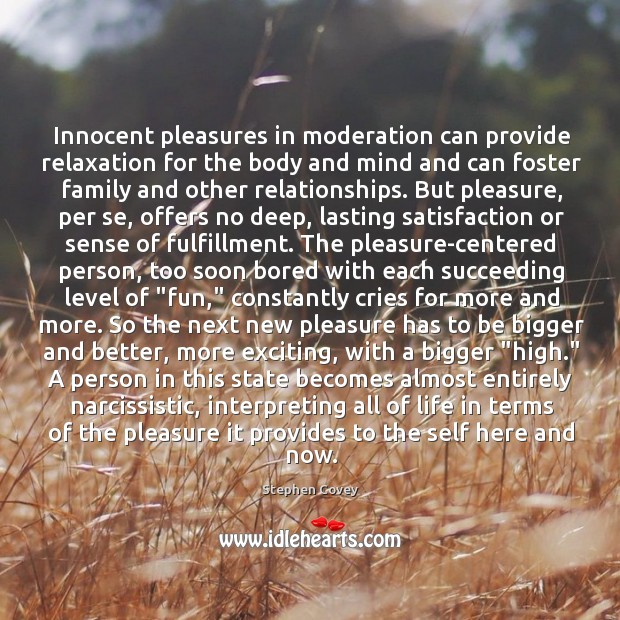 Innocent pleasures in moderation can provide relaxation for the body and mind Stephen Covey Picture Quote