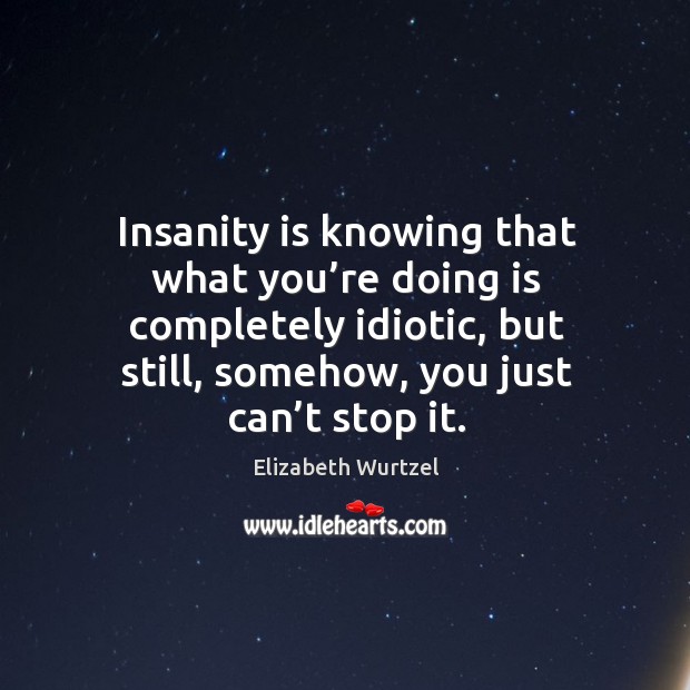 Insanity is knowing that what you’re doing is completely idiotic, but still, somehow, you just can’t stop it. Elizabeth Wurtzel Picture Quote