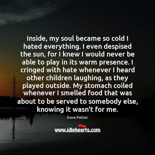 Inside, my soul became so cold I hated everything. I even despised Dave Pelzer Picture Quote