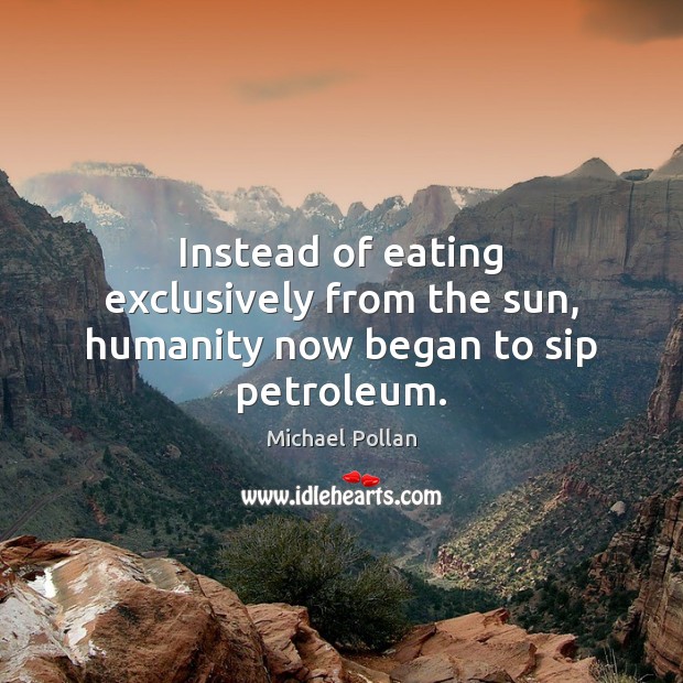 Instead of eating exclusively from the sun, humanity now began to sip petroleum. Michael Pollan Picture Quote