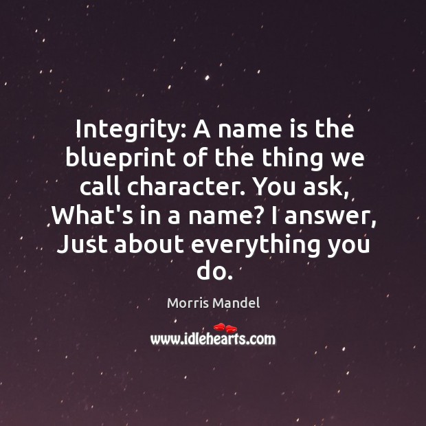 Integrity: A name is the blueprint of the thing we call character. Morris Mandel Picture Quote
