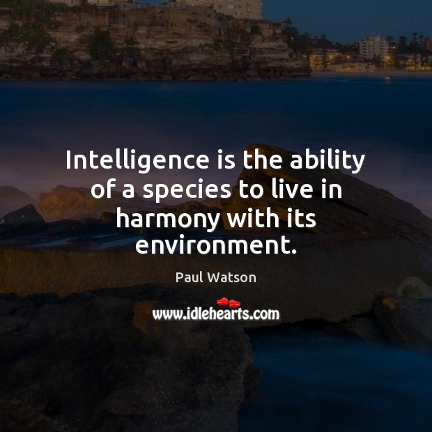 Intelligence is the ability of a species to live in harmony with its environment. Paul Watson Picture Quote