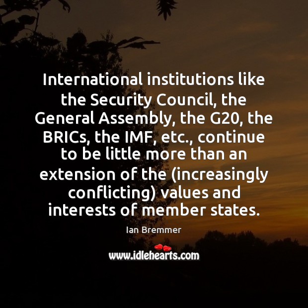 International institutions like the Security Council, the General Assembly, the G20, the 