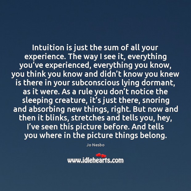 Intuition is just the sum of all your experience. The way I Jo Nesbo Picture Quote