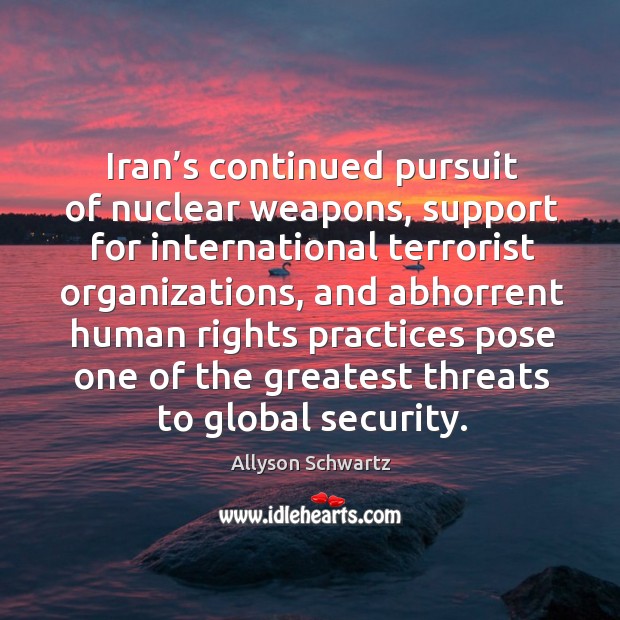 Iran’s continued pursuit of nuclear weapons, support for international terrorist organizations Allyson Schwartz Picture Quote