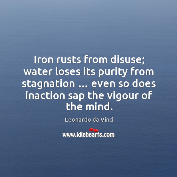 Iron rusts from disuse; water loses its purity from stagnation … even so does inaction sap the vigour of the mind. Leonardo da Vinci Picture Quote