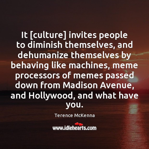 It [culture] invites people to diminish themselves, and dehumanize themselves by behaving Terence McKenna Picture Quote