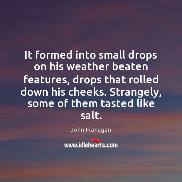 It formed into small drops on his weather beaten features, drops that John Flanagan Picture Quote