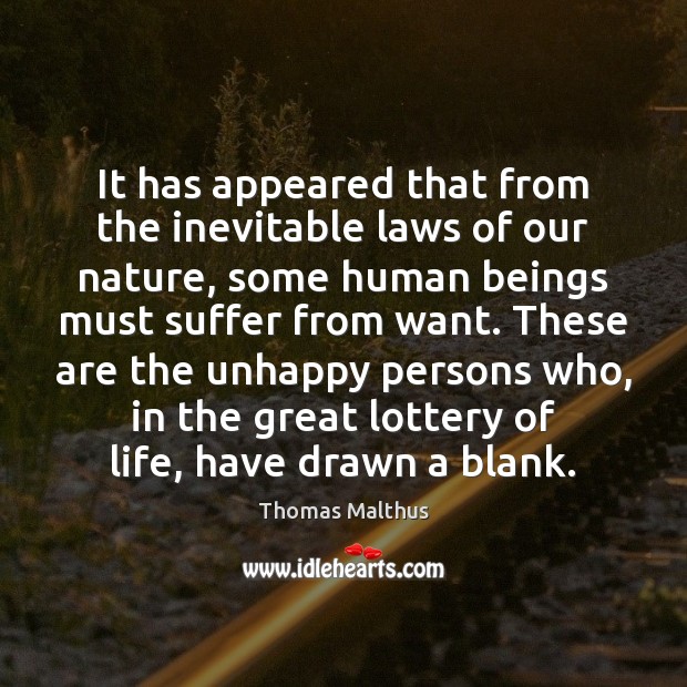 It has appeared that from the inevitable laws of our nature, some Thomas Malthus Picture Quote
