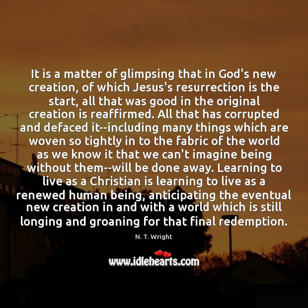 It is a matter of glimpsing that in God’s new creation, of N. T. Wright Picture Quote