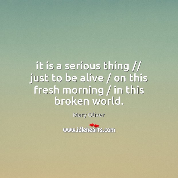 It is a serious thing // just to be alive / on this fresh morning / in this broken world. Mary Oliver Picture Quote