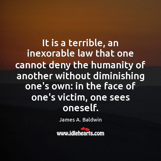 It is a terrible, an inexorable law that one cannot deny the James A. Baldwin Picture Quote