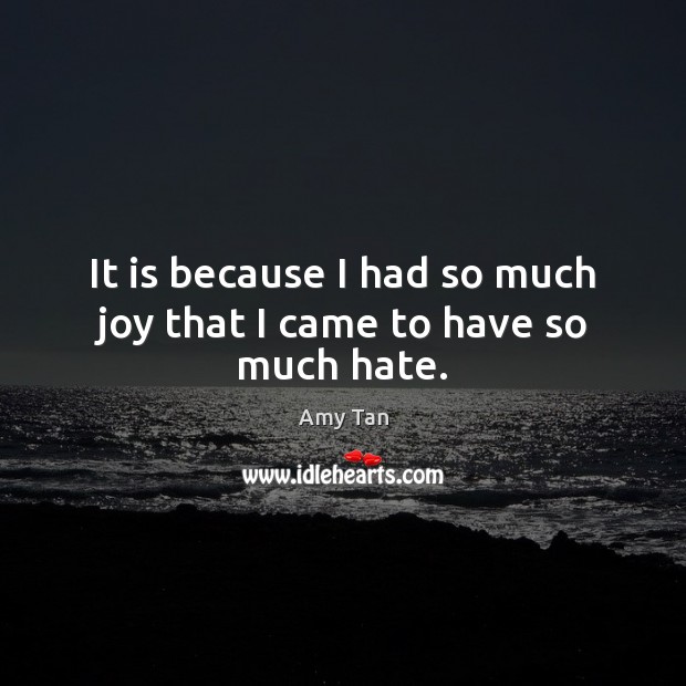 It is because I had so much joy that I came to have so much hate. Amy Tan Picture Quote