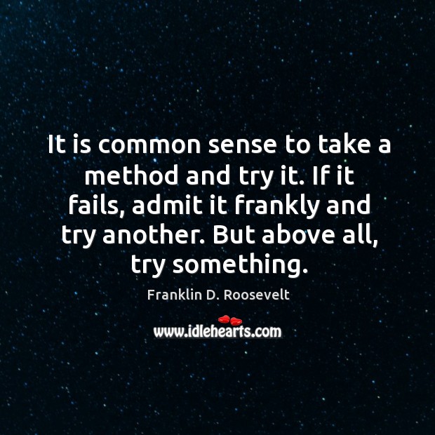 It is common sense to take a method and try it. If it fails, admit it frankly and try another. But above all, try something. Franklin D. Roosevelt Picture Quote