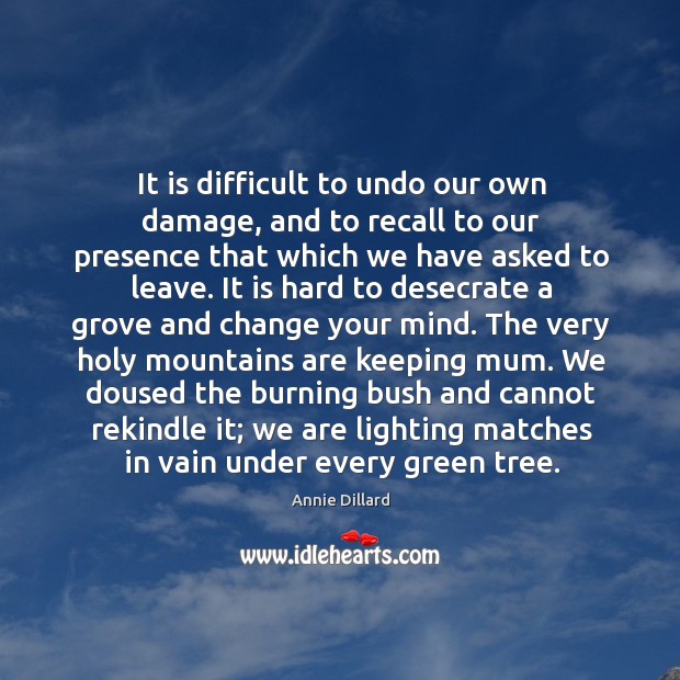 It is difficult to undo our own damage, and to recall to Annie Dillard Picture Quote