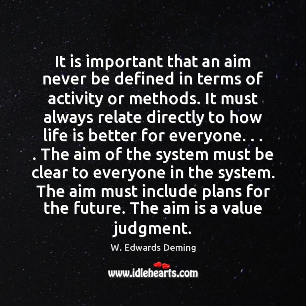 It is important that an aim never be defined in terms of W. Edwards Deming Picture Quote