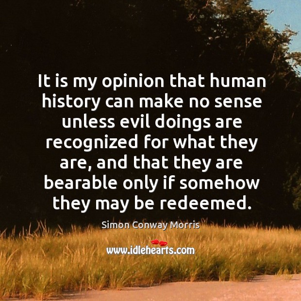 It is my opinion that human history can make no sense unless evil doings are recognized for what they are.. Simon Conway Morris Picture Quote