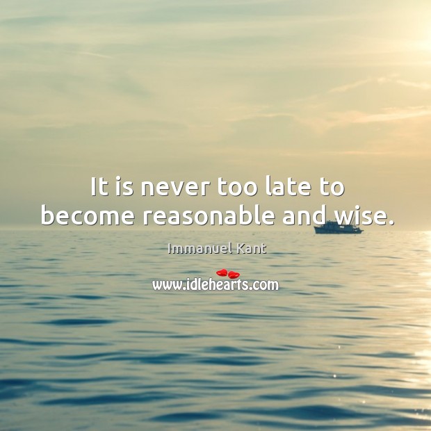 It is never too late to become reasonable and wise. Immanuel Kant Picture Quote
