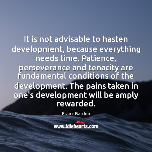 It is not advisable to hasten development, because everything needs time. Patience, Franz Bardon Picture Quote