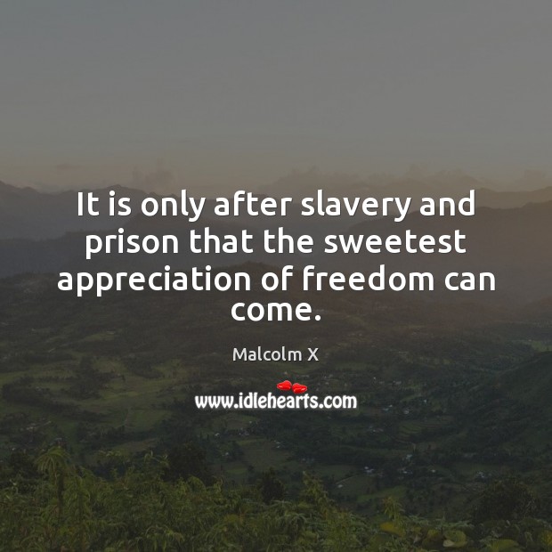 It is only after slavery and prison that the sweetest appreciation of freedom can come. Malcolm X Picture Quote